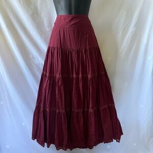 Anthropologie Tiered Lace Maxi Skirt Wine Burgundy